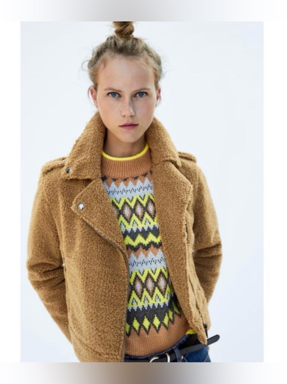 Zara Woman Camel Caramel Brown Teddy Faux Fur Biker Jacket Coat XS